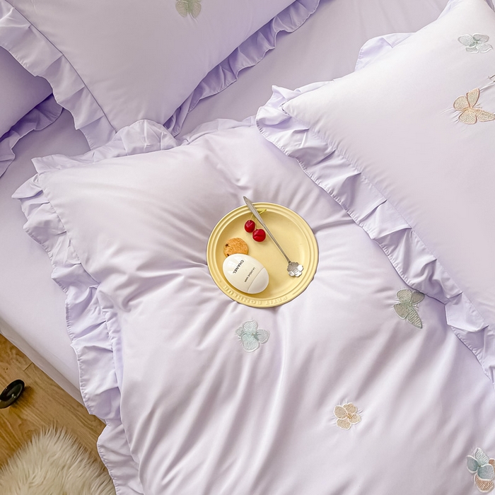 91家纺网 家纺一手货源 找家纺 恋之语 2025新款水洗棉刺绣花边四件套-蝶羽 蝶羽-紫