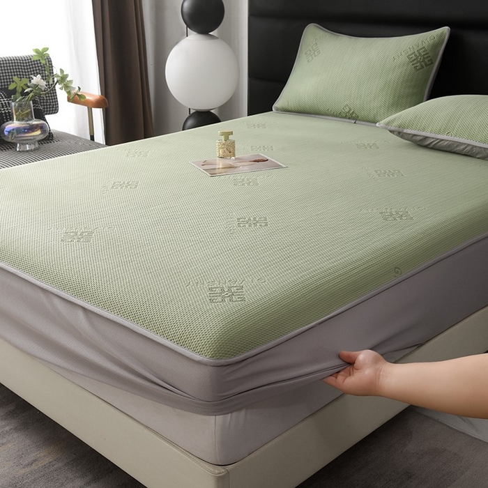 91家纺网 家纺一手货源 找家纺 绒多多 2025新款A类凉感冰豆豆席子凉席床笠款 果绿