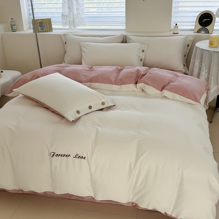 91家纺网 家纺一手货源 找家纺 2025新款A类纯色双拼长绒棉纯棉刺绣四件套 奶粉甜梦