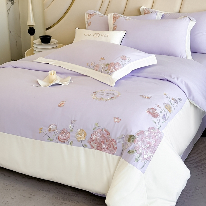 91家纺网 家纺一手货源 找家纺 恋之语 2025新款水洗棉刺绣四件套-伊莉莎 伊莉莎-紫白