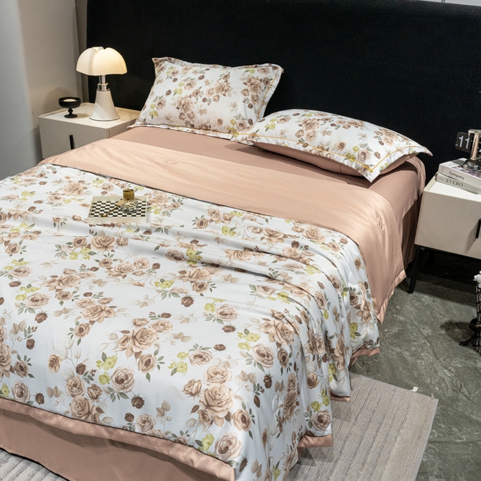 91家纺网 家纺一手货源 找家纺 归属2025新款水洗真丝夏被四件套空调被夏凉被 玫瑰园