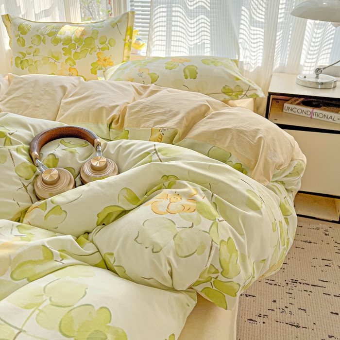 91家纺网 家纺一手货源 找家纺 暖芯优选 2025新款全棉纯棉一字绣四件套系列 叶柔苏夏