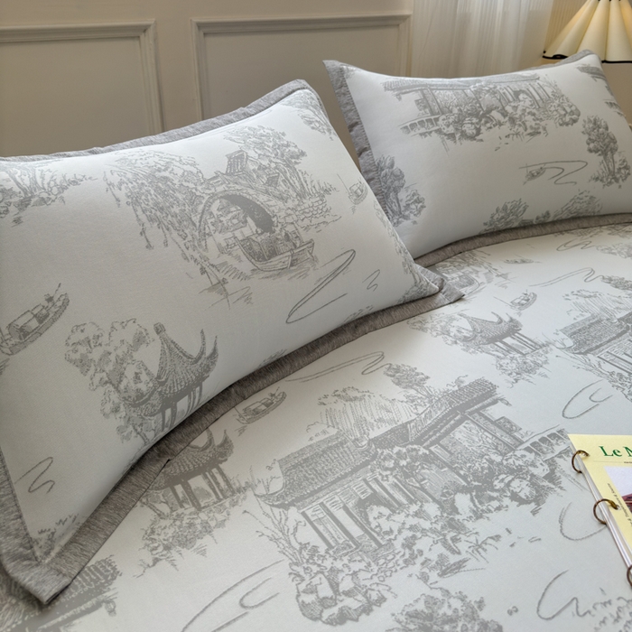 91家纺网 家纺一手货源 找家纺 花漾家居 2025新款A类色织提花PE凉感丝凉席三件套床单床笠款 床单款-江南灰