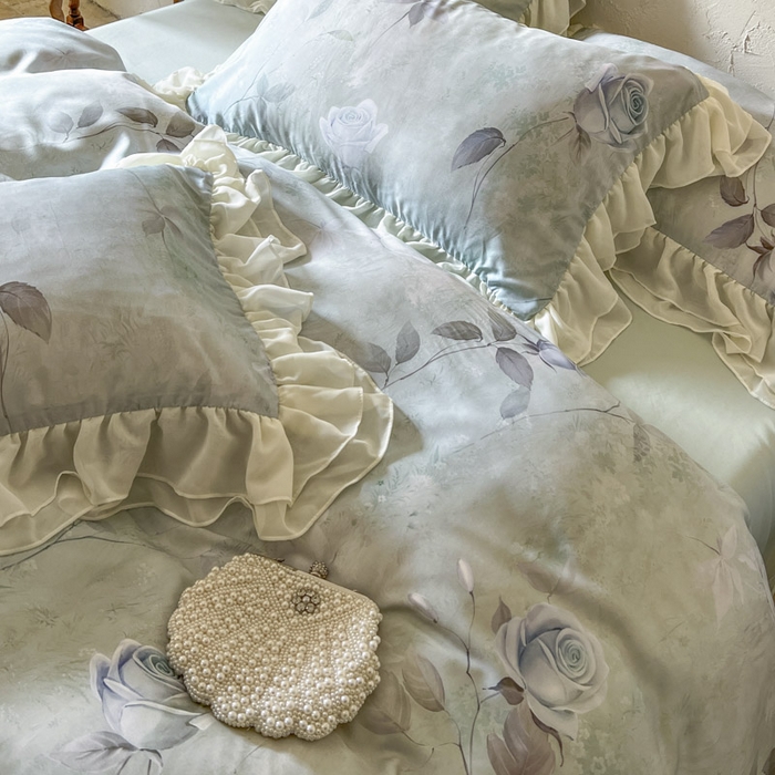 91家纺网 家纺一手货源 找家纺 亲亲公主 2025新款莱赛尔天丝棉玫瑰之恋四件套 玫瑰之恋一绿色