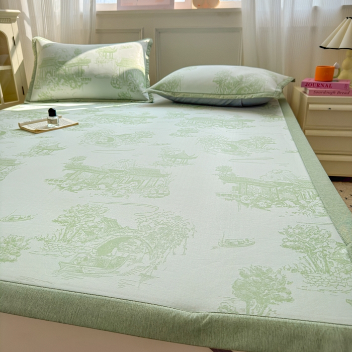 91家纺网 家纺一手货源 找家纺 花漾家居 2025新款A类色织提花PE凉感丝凉席三件套床单床笠款 床单款-江南绿