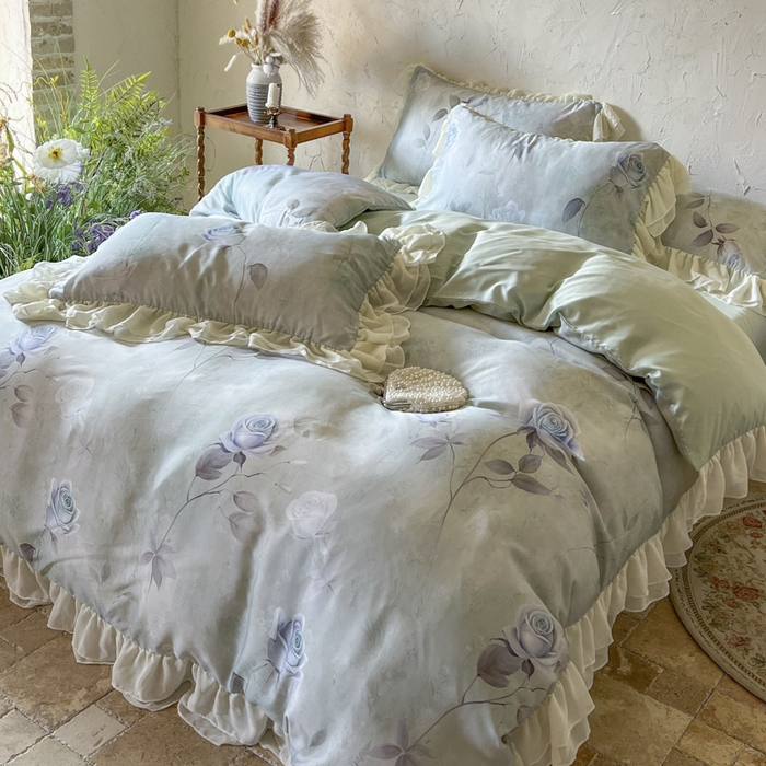 91家纺网 家纺一手货源 找家纺 亲亲公主 2025新款莱赛尔天丝棉玫瑰之恋四件套 玫瑰之恋一绿色