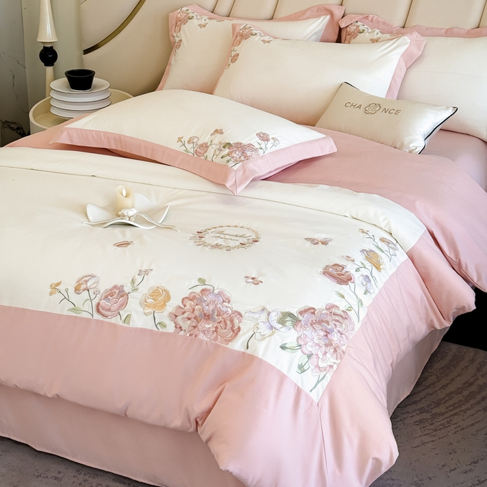 91家纺网 家纺一手货源 找家纺 恋之语 2025新款水洗棉刺绣四件套-伊莉莎 伊莉莎-白粉