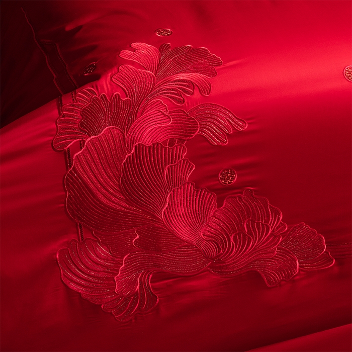 91家纺网 家纺一手货源 找家纺 博之洋婚庆 2025新款全棉长绒棉刺绣新中式婚庆系列多件套 甜蜜时光--红