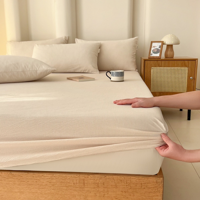 91家纺网 家纺一手货源 找家纺 恋之语 2025新款全棉纯棉色织床笠单品单床笠床笠单件 条纹咖