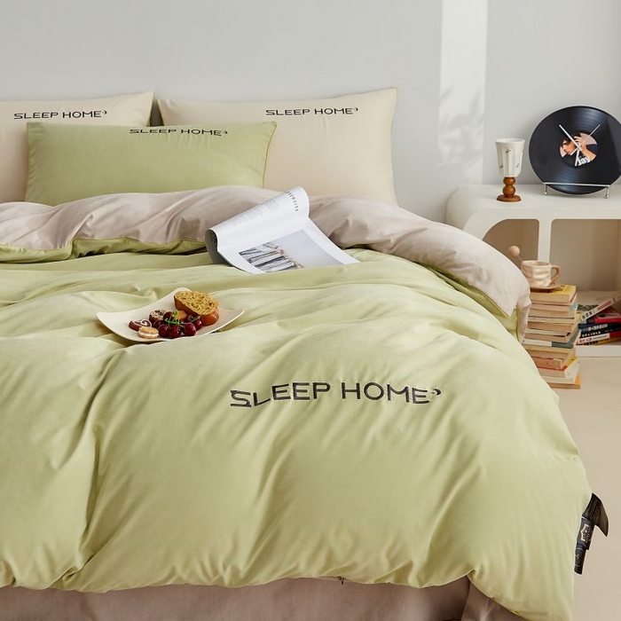 91家纺网 家纺一手货源 找家纺 恋之语 2025新款110克麻绳双拼刺绣单被套 抹茶绿+浅灰