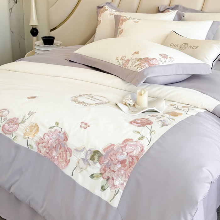 91家纺网 家纺一手货源 找家纺 恋之语 2025新款水洗棉刺绣四件套-伊莉莎 伊莉莎-灰紫