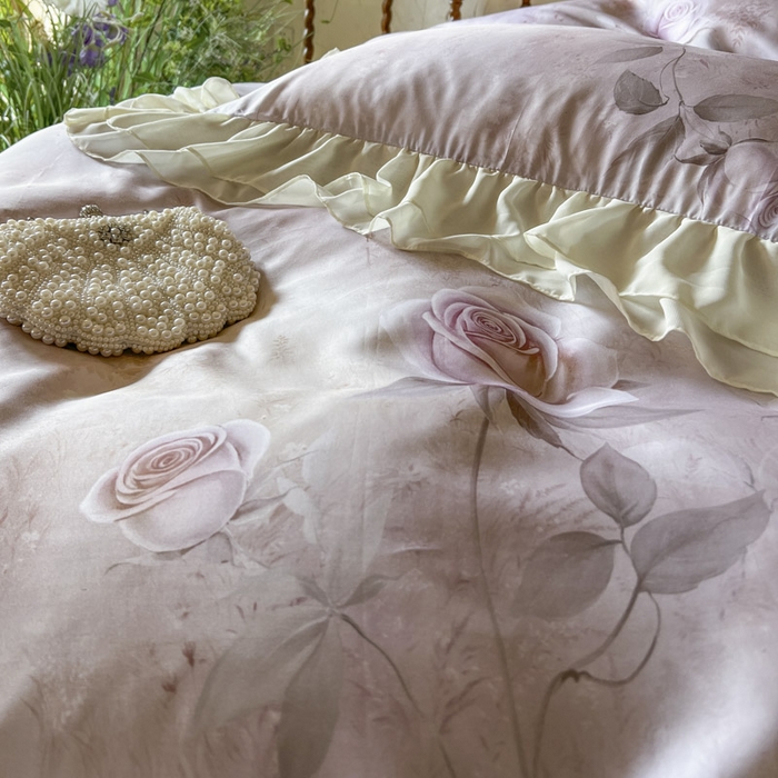 91家纺网 家纺一手货源 找家纺 亲亲公主 2025新款莱赛尔天丝棉玫瑰之恋四件套 玫瑰之恋一粉色