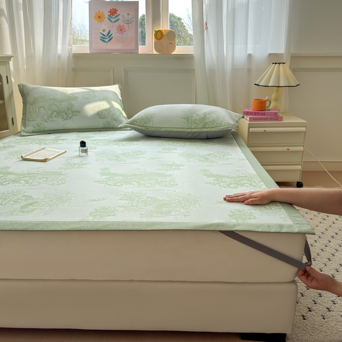 91家纺网 家纺一手货源 找家纺 花漾家居 2025新款A类色织提花PE凉感丝凉席三件套床单床笠款 床单款-江南绿