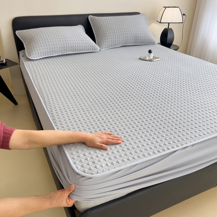 91家纺网 家纺一手货源 找家纺 席世家 2025新款凉感席冰豆豆席子三套件凉席床笠 小方格珍珠灰-床笠款