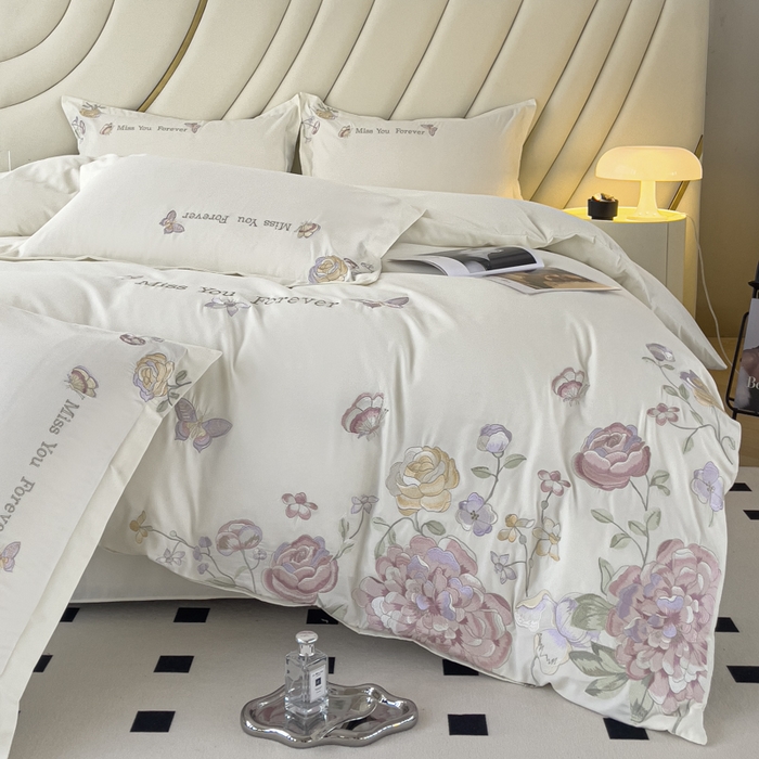 91家纺网 家纺一手货源 找家纺 （总）恋之语 2025新款水洗棉刺绣四件套-玫瑰花