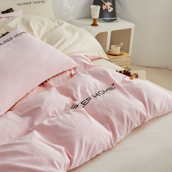 91家纺网 家纺一手货源 找家纺 恋之语 2025新款110克麻绳双拼刺绣单被套 樱花粉+米黄