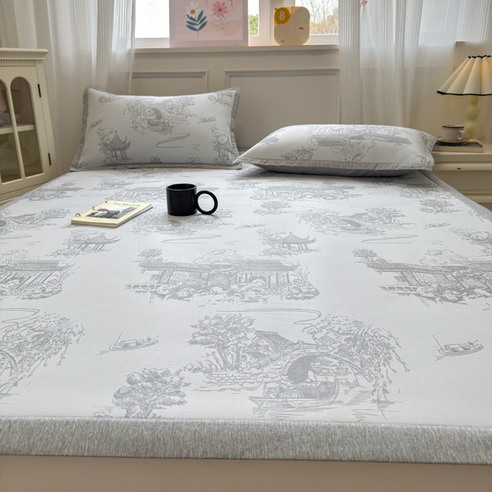 91家纺网 家纺一手货源 找家纺 花漾家居 2025新款A类色织提花PE凉感丝凉席三件套床单床笠款 床单款-江南灰