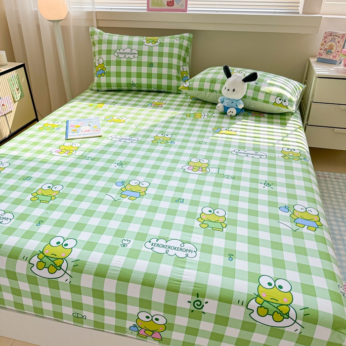 91家纺网 家纺一手货源 找家纺 呗旺鹿 2025新款正版三丽鸥全棉13372单品床笠 格子大眼蛙