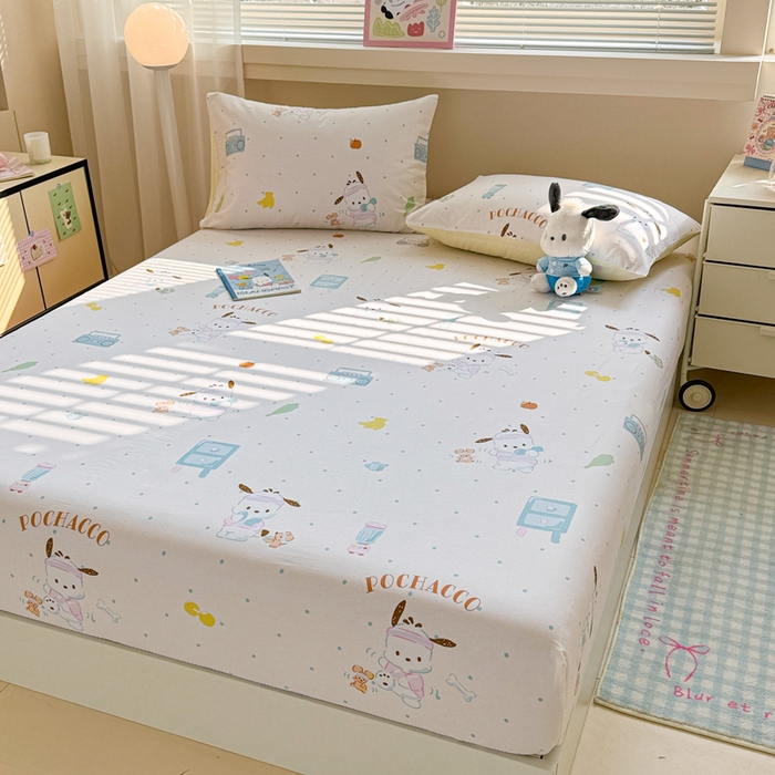 91家纺网 家纺一手货源 找家纺 呗旺鹿 2025新款正版三丽鸥全棉13372单品床笠 运动帕恰狗