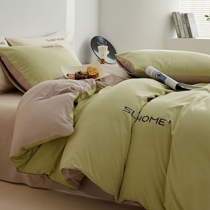 91家纺网 家纺一手货源 找家纺 恋之语 2025新款110克麻绳双拼刺绣四件套 抹茶绿+浅灰