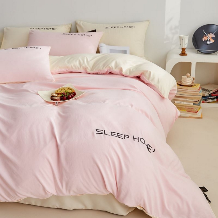 91家纺网 家纺一手货源 找家纺 恋之语 2025新款110克麻绳双拼刺绣单被套 樱花粉+米黄