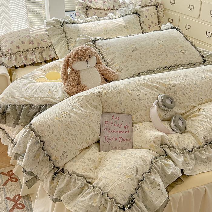 91家纺网 家纺一手货源 找家纺 眠帛家居 2025新款A类法式皱皱纱小清新蕾丝花边四件套 温馨