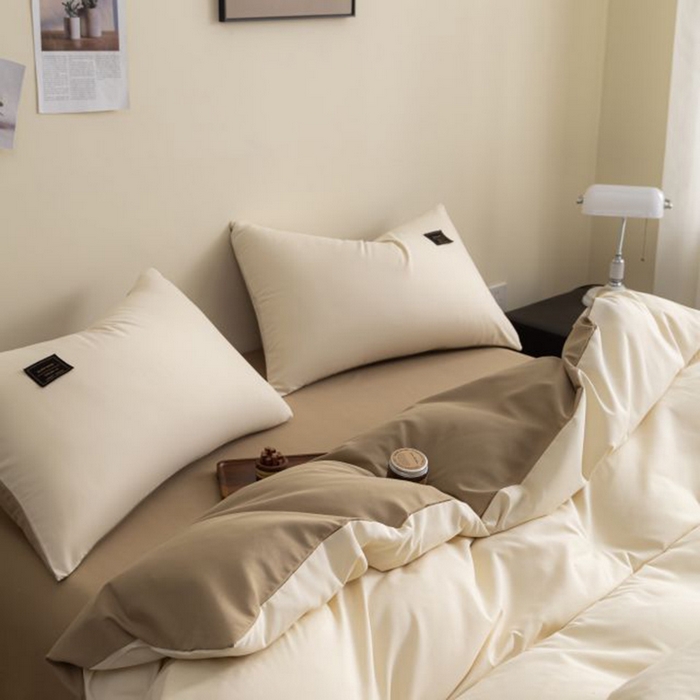 91家纺网 家纺一手货源 找家纺 恋之语 2025新款90克纯色双拼单被套 奶茶+摩卡棕