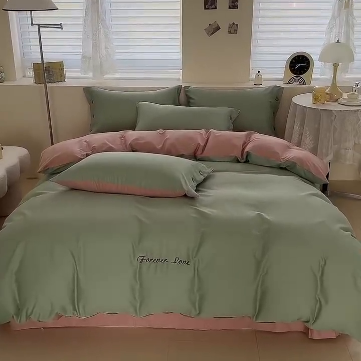 91家纺网 家纺一手货源 找家纺 艾迪尚家纺 2025新款A类纯色双拼长绒棉纯棉刺绣系列单品床笠 床笠单件（有单品 可定制） 淡绿粉韵