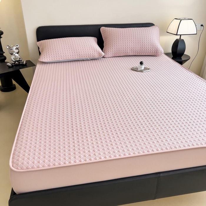 91家纺网 家纺一手货源 找家纺 席世家 2025新款凉感席冰豆豆席子三套件凉席床笠 小方格芙蓉粉-床笠款