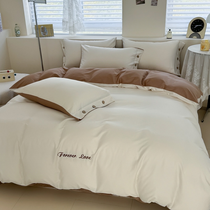 91家纺网 家纺一手货源 找家纺 2025新款A类纯色双拼长绒棉纯棉刺绣四件套 奶驼逸居