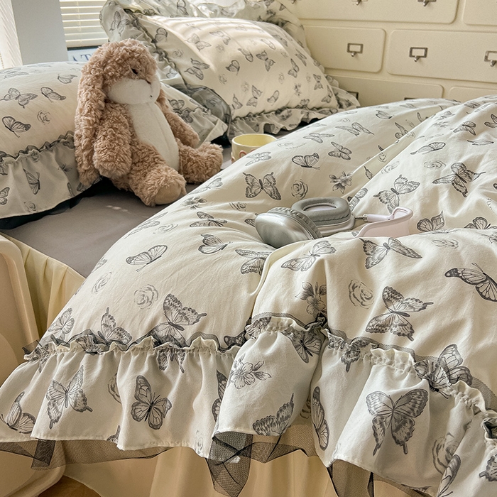 91家纺网 家纺一手货源 找家纺 （总）眠帛家居 2025新款A类法式皱皱纱小清新蕾丝花边四件套