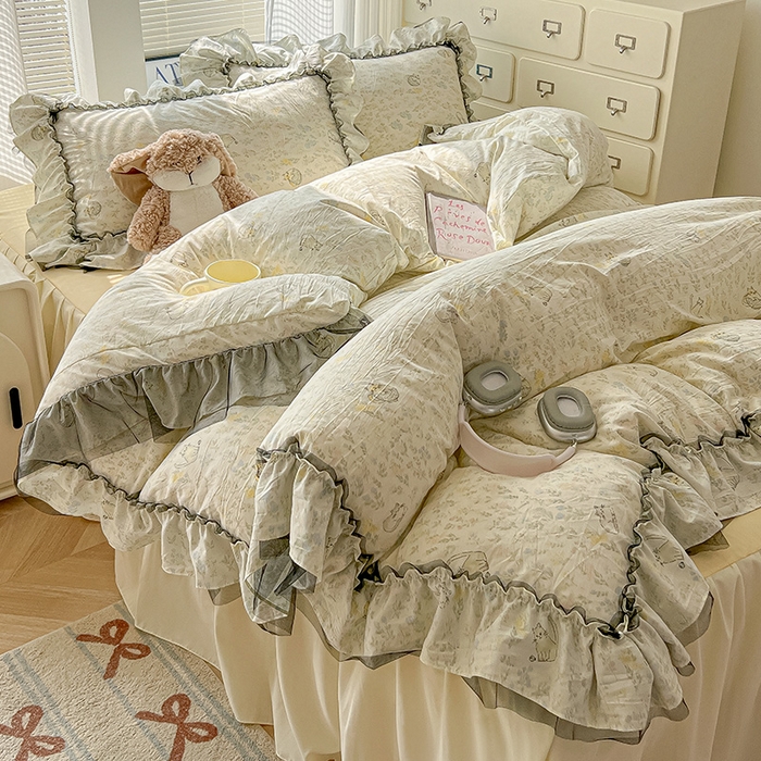 91家纺网 家纺一手货源 找家纺 眠帛家居 2025新款A类法式皱皱纱小清新蕾丝花边四件套 温馨