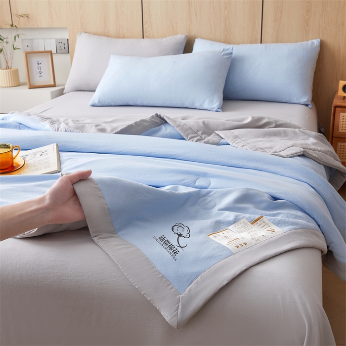 91家纺网 家纺一手货源 找家纺 爱屋及屋 2025新款纯色撞色100%棉花填充夏被夏凉被空调被夏季可机洗薄被子被芯 浅灰+天蓝