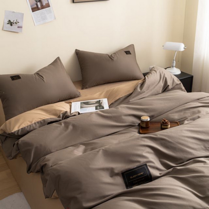 91家纺网 家纺一手货源 找家纺 恋之语 2025新款90克纯色双拼四件套 咖啡+卡其