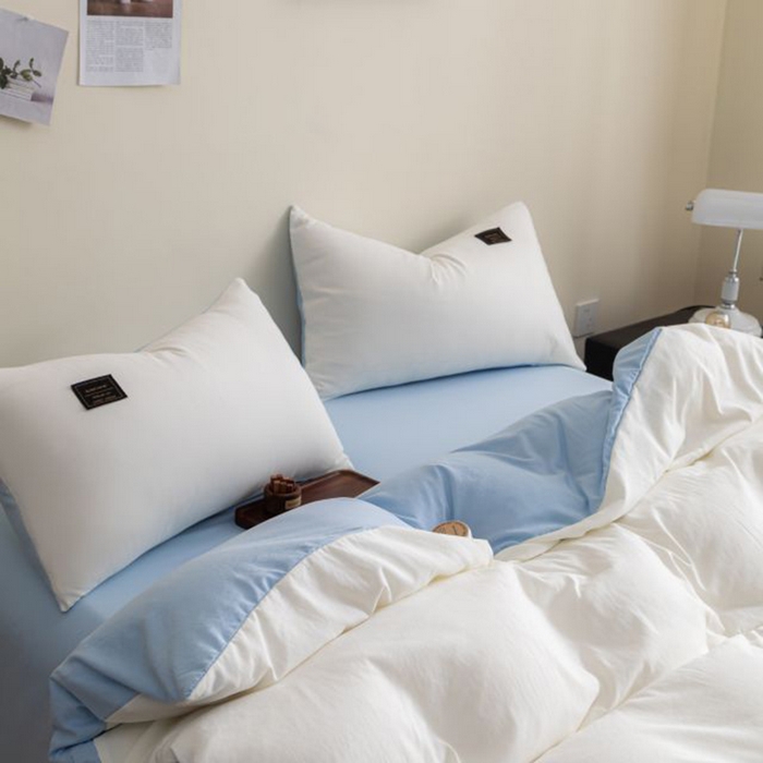 91家纺网 家纺一手货源 找家纺 恋之语 2025新款90克纯色双拼四件套 珍珠白+浅兰