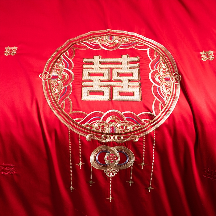 91家纺网 家纺一手货源 找家纺 博之洋婚庆 2025新款全棉长绒棉刺绣新中式婚庆系列多件套 喜气满满