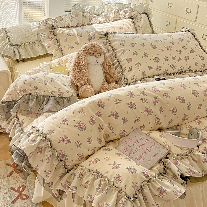 91家纺网 家纺一手货源 找家纺 眠帛家居 2025新款A类法式皱皱纱小清新蕾丝花边四件套 芬芳