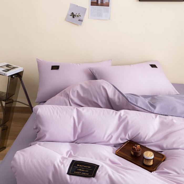 91家纺网 家纺一手货源 找家纺 恋之语 2025新款90克纯色双拼四件套 香芋紫+罗兰紫