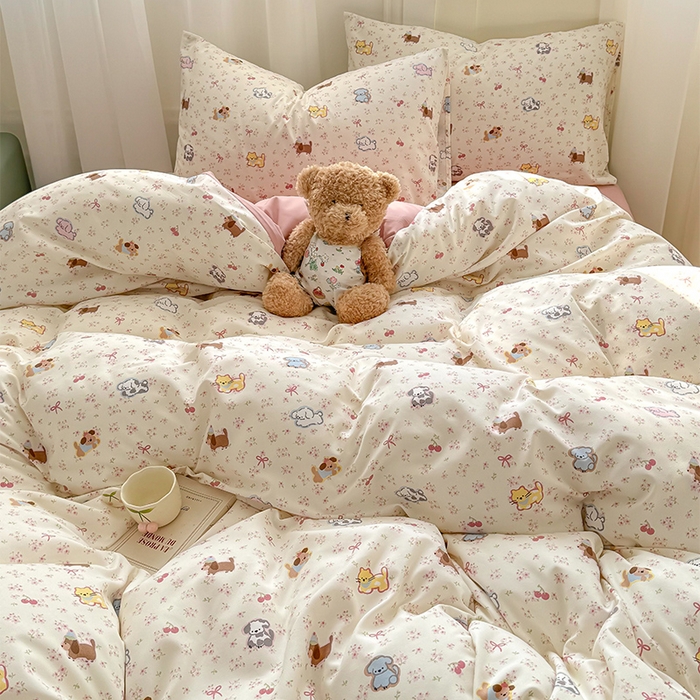 91家纺网 家纺一手货源 找家纺 丝芙妮家居2025新款水洗针织棉双层纱印花四件套 花丛乐园