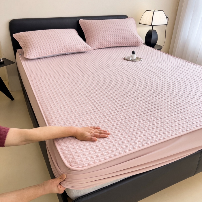 91家纺网 家纺一手货源 找家纺 席世家 2025新款凉感席冰豆豆席子三套件凉席床笠 小方格芙蓉粉-床笠款