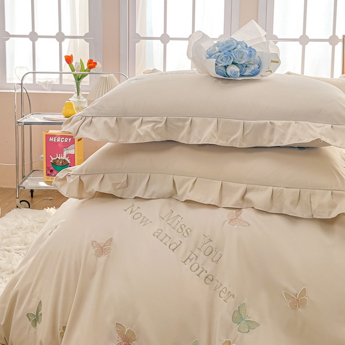 91家纺网 家纺一手货源 找家纺 恋之语 2025新款水洗棉刺绣花边四件套-蝶羽 蝶羽-米白