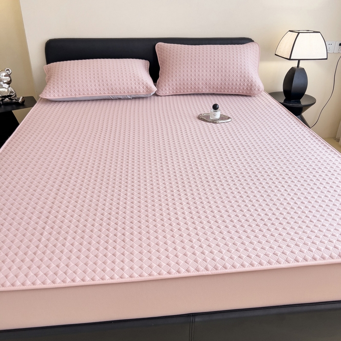 91家纺网 家纺一手货源 找家纺 席世家 2025新款凉感席冰豆豆席子三套件凉席床笠 小方格芙蓉粉-床笠款