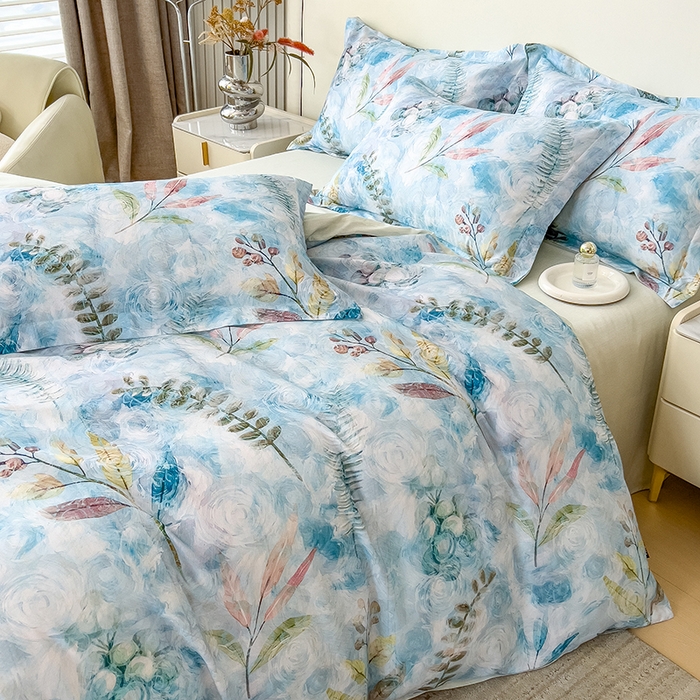 91家纺网 家纺一手货源 找家纺 芃成家纺 2025新款A类莱赛尔天丝棉四件套 春色写意-兰