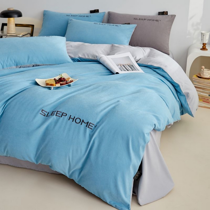 91家纺网 家纺一手货源 找家纺 恋之语 2025新款110克麻绳双拼刺绣四件套 天蓝+浅灰