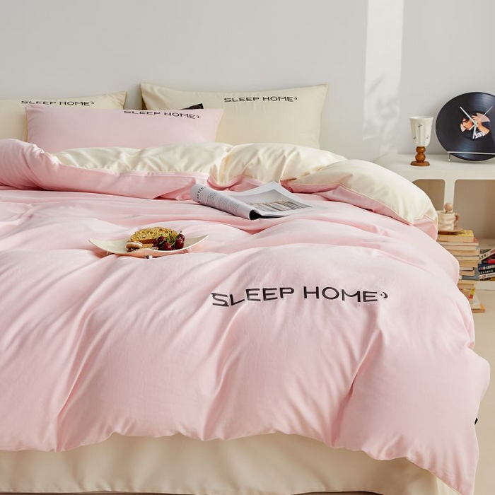 91家纺网 家纺一手货源 找家纺 恋之语 2025新款110克麻绳双拼刺绣单被套 樱花粉+米黄