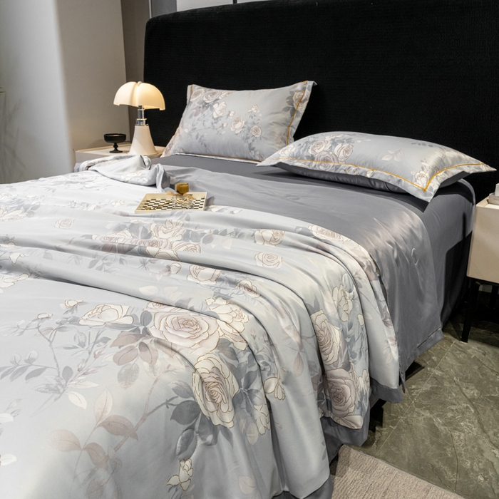 91家纺网 家纺一手货源 找家纺 归属2025新款水洗真丝夏被四件套空调被夏凉被 悦色灰