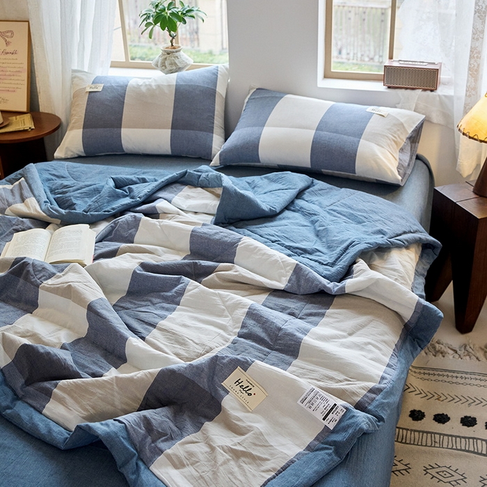 91家纺网 家纺一手货源 找家纺 恋人优选 2025新款纯棉色织水洗夏被 蓝大格