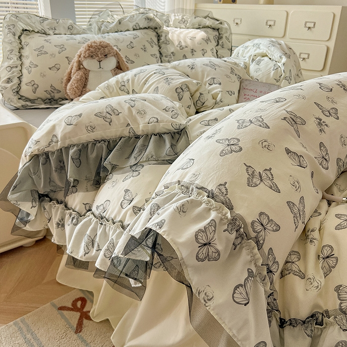 91家纺网 家纺一手货源 找家纺 眠帛家居 2025新款A类法式皱皱纱小清新蕾丝花边四件套 蝶舞