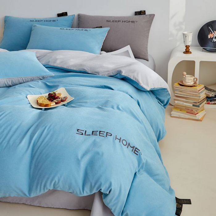 91家纺网 家纺一手货源 找家纺 恋之语 2025新款110克麻绳双拼刺绣四件套 天蓝+浅灰