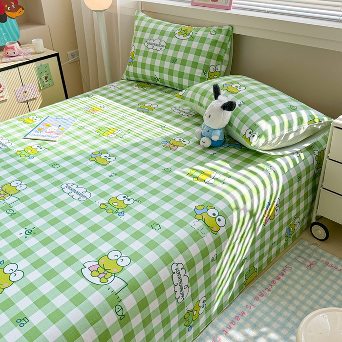 91家纺网 家纺一手货源 找家纺 呗旺鹿 2025新款正版三丽鸥全棉13372单品床单 格子大眼蛙